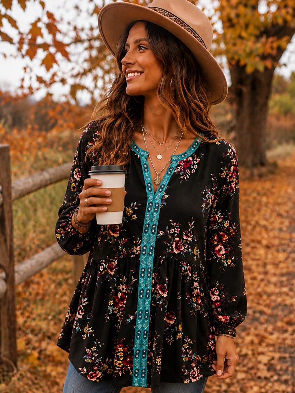 Boho Black Floral Tunic Blouse Teal Trim Long Sleeve Peasant Top